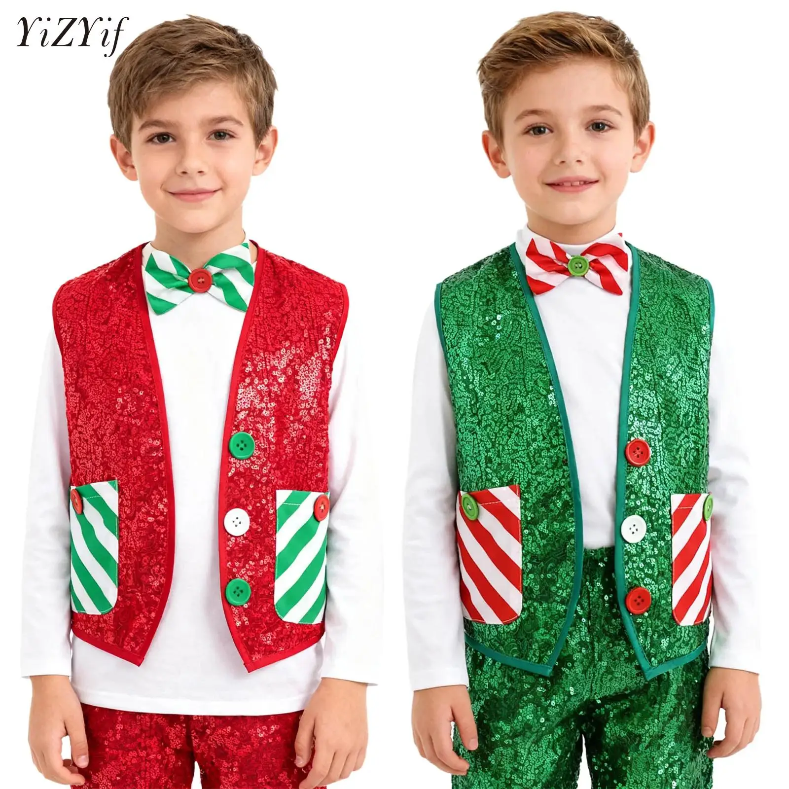 

Boys Christmas Santa Elf Cosplay Costume Sequin Sleeveless Waistcoat Jacket+Bowtie Jazz Disco Dance Vest Holiday Party Outfit