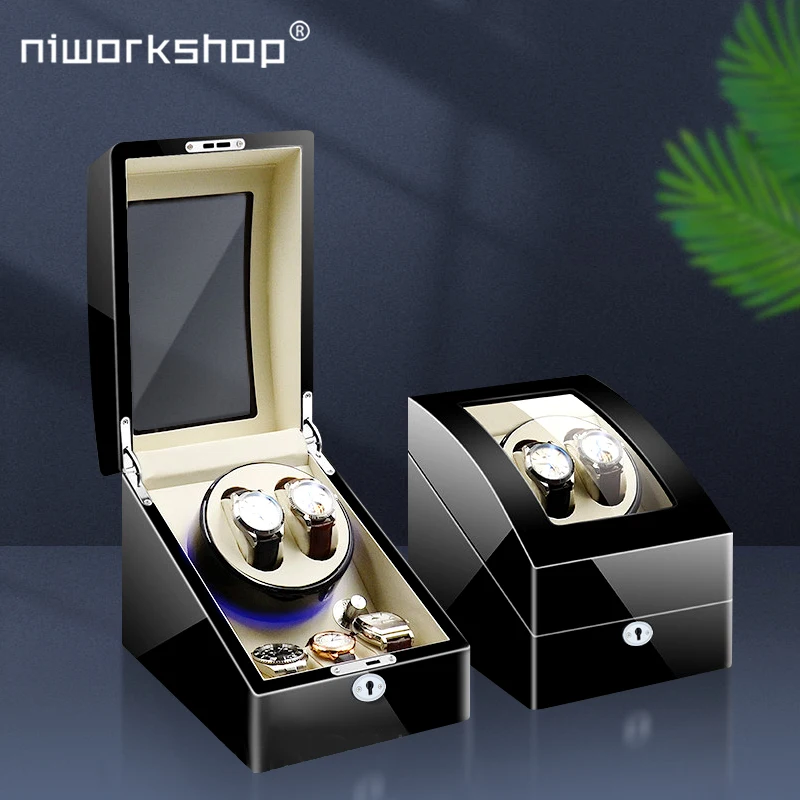 Niworkshop Automatic Watch Winder, 2 Slots Watch Safe Box with 3 Watch Storage Places, Key Unlocking,LED Light, Quiet Motor