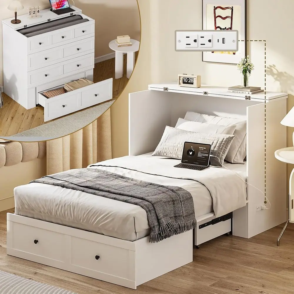 

Space-Saving Twin Murphy Bed with Built-in Charging Station, White