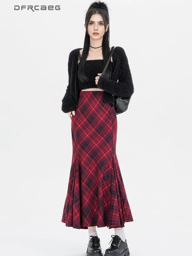 

Осень-зима ретро красная клетчатая шерстяная юбка-труба для женщин с высокой талией элегантные повседневные длинные юбки «рыбий хвост» женские