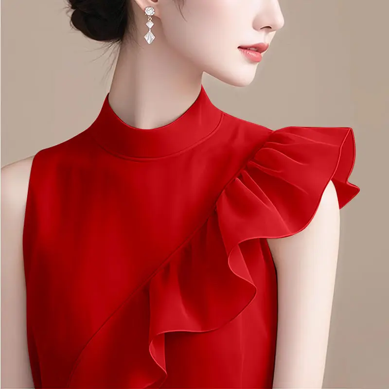 Temperament Red Chiffon Sleeveless Top French Unique Beautiful Blouse Fashionable Ruffled Patchwork Shirt for Women in Summer
