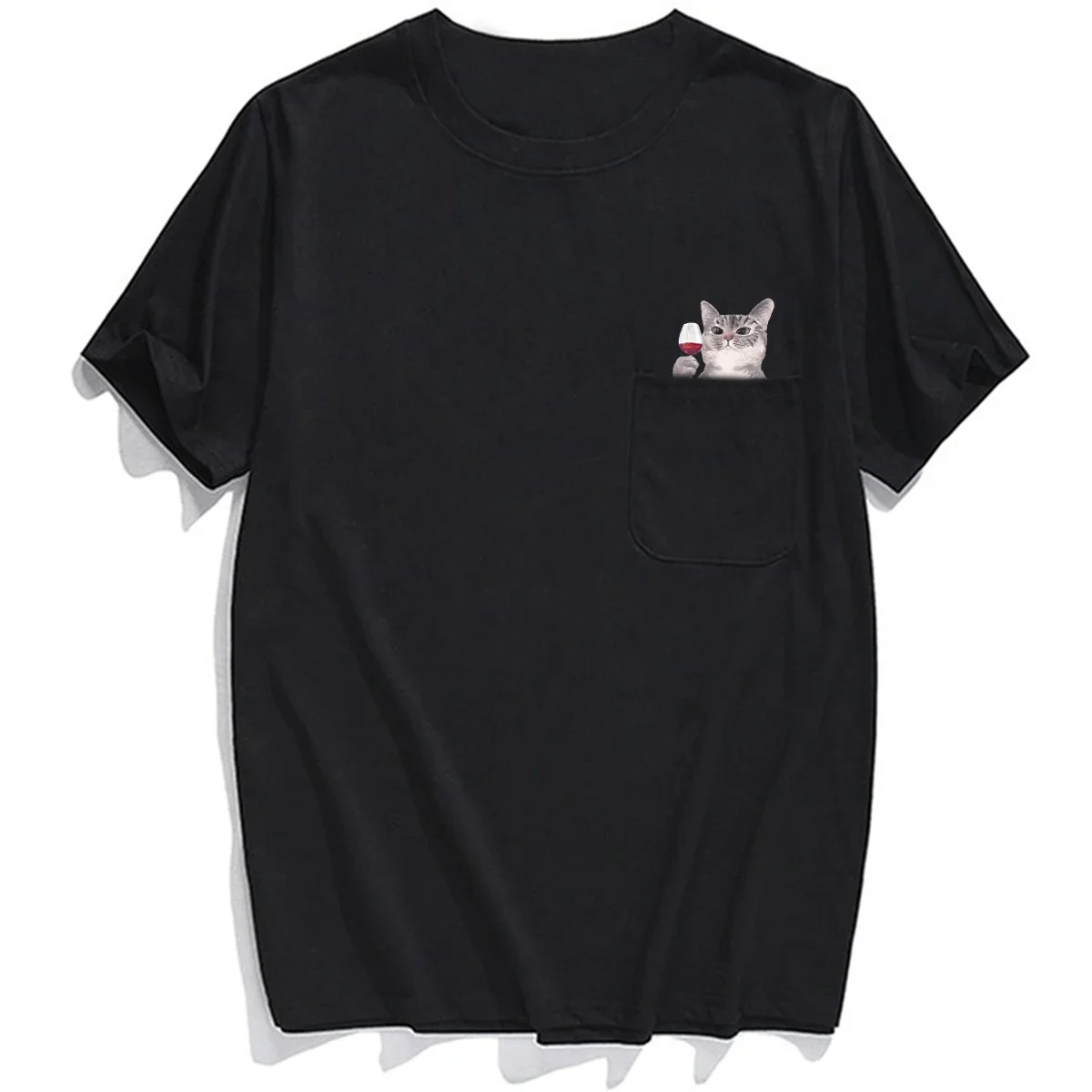 Cloocl-男性と女性のためのファッショナブルなブランドのTシャツ,夏のポケット付きの猫のプリントTシャツ,楽しい綿のTシャツ,猫のステッカー,ヒップホップトップス