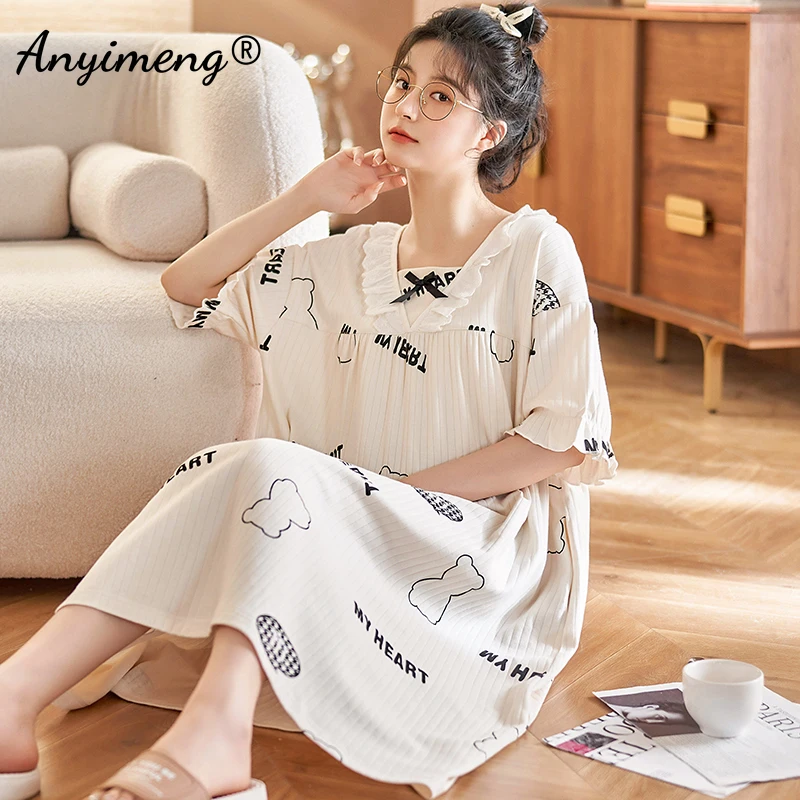 New Summer Kawaii Bear Printing Women Nightdress Close Skin Breathe Freely Homedress M-3XL Soft Cotton Loose Woman Nightgowns