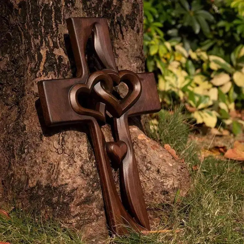 [MOA]Hand-Carved Intertwined Hearts Cross Wall Decoration Rustic Wooden Double Hearts Cross Wall Sculpture Religious Decor[MOA]
