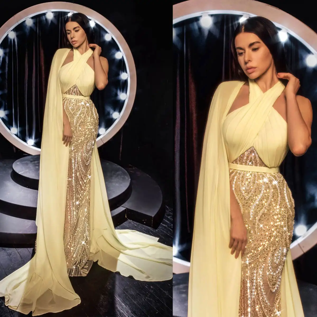 

Glamorous Evening Gown Halter Sleeveless Ruffles Beaded Appliques Sweep Train Formal Suits Vestido De Novia Custom Made