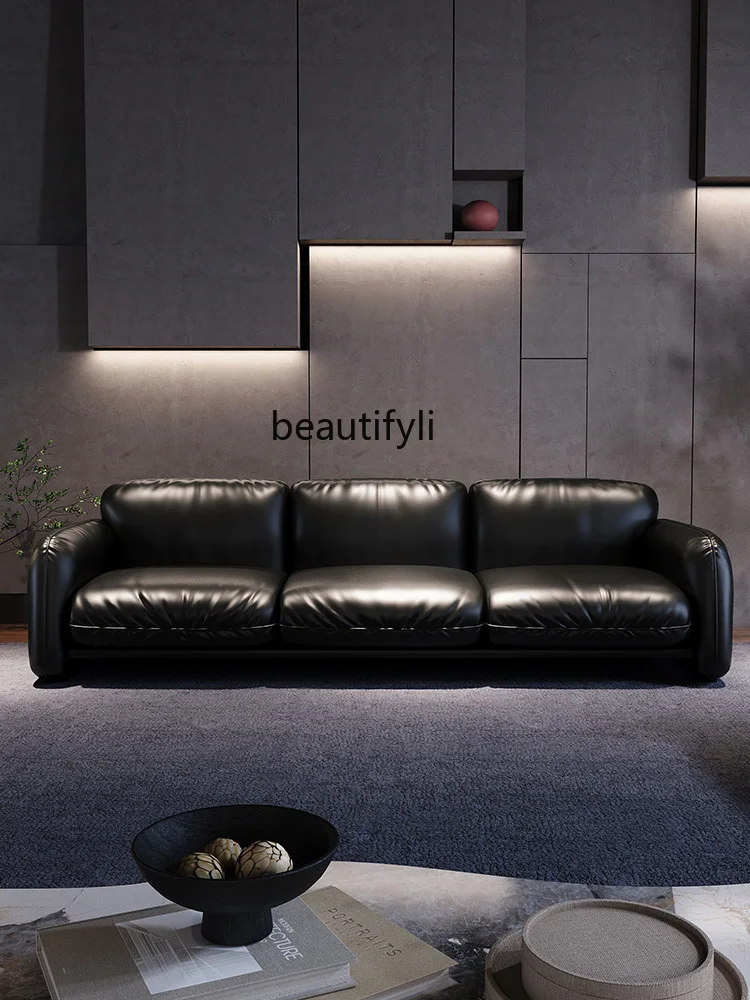 Italian Minimalist Leather Sofa Light Luxury First Layer Cowhide Nordic Living Room Straight Row Sofa