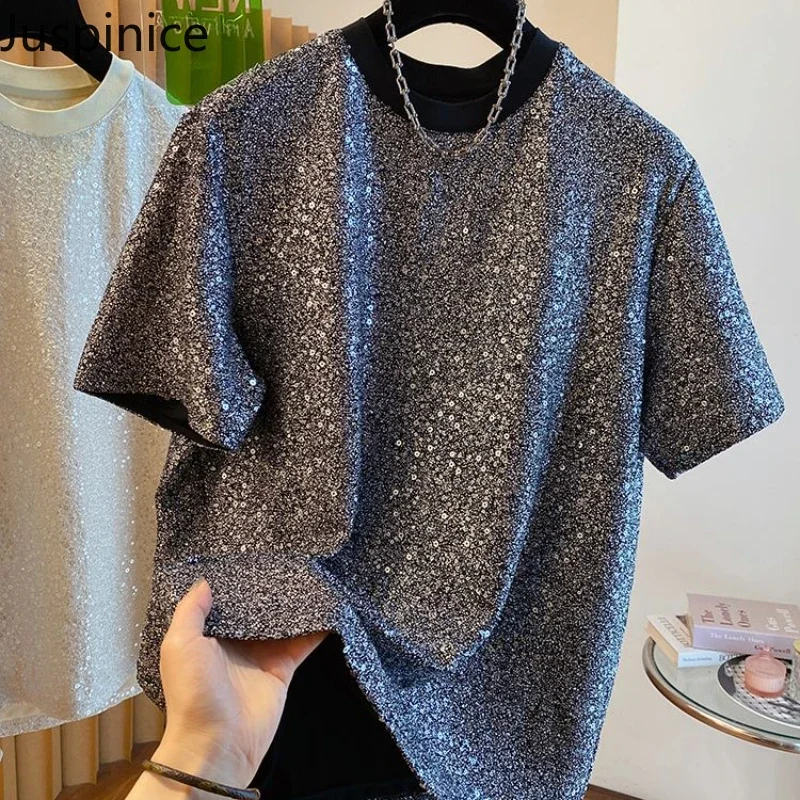 Summer Sequined Short-sleeved T-shirt Men's Niche High Street Personalized Loose Casual Tops Men T-shirts Male Clothes