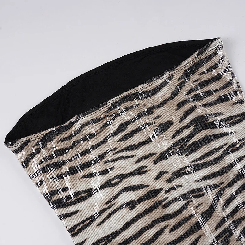 فستان سبايسي جيرل ستايل بقصة ضيقة وطباعة شريطية ترتر مثير بدون حمالات #4