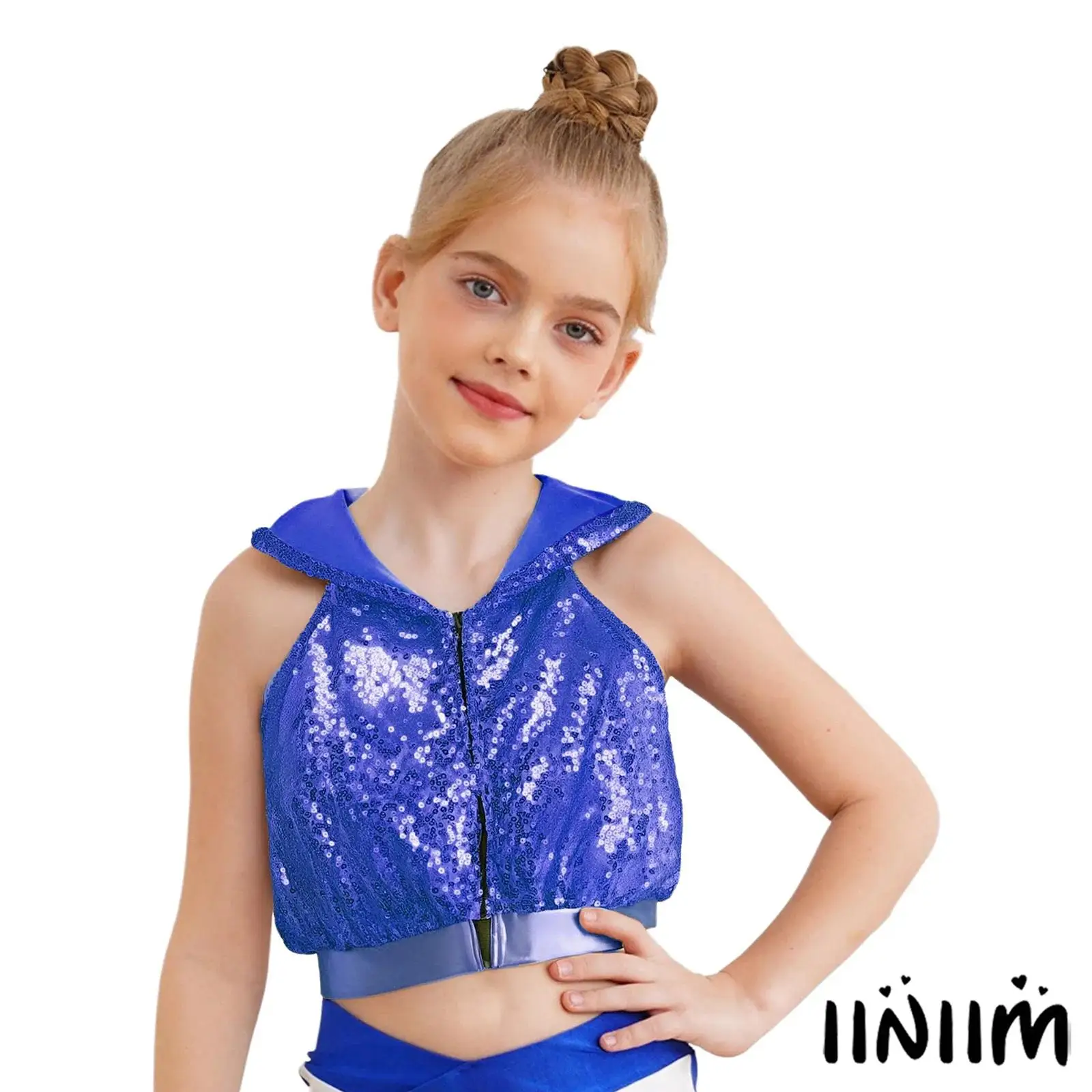 

Kids Girls Hip-Hop Jazz Dance Wear Sleeveless Backless Front Zipper Sparkling Sequins Hooded Crop Top Vest Coat for Disco Party