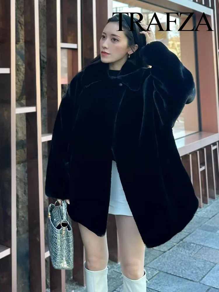 TRAFZA Women Long Sleeve Lapel Faux Fur Coat Chic Solid Loose Vintage Outerwear Winter Female New Fashion Warm Jacket Streetwear