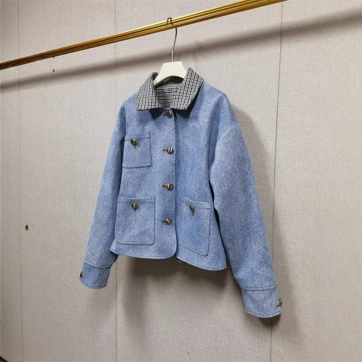 【Darmowy Prezent】 Kurtka jeansowa damska w kratę w stylu retro na wczesną jesień 2025, styl uniwersytecki, luźny krój, bluzka z długim rękawem