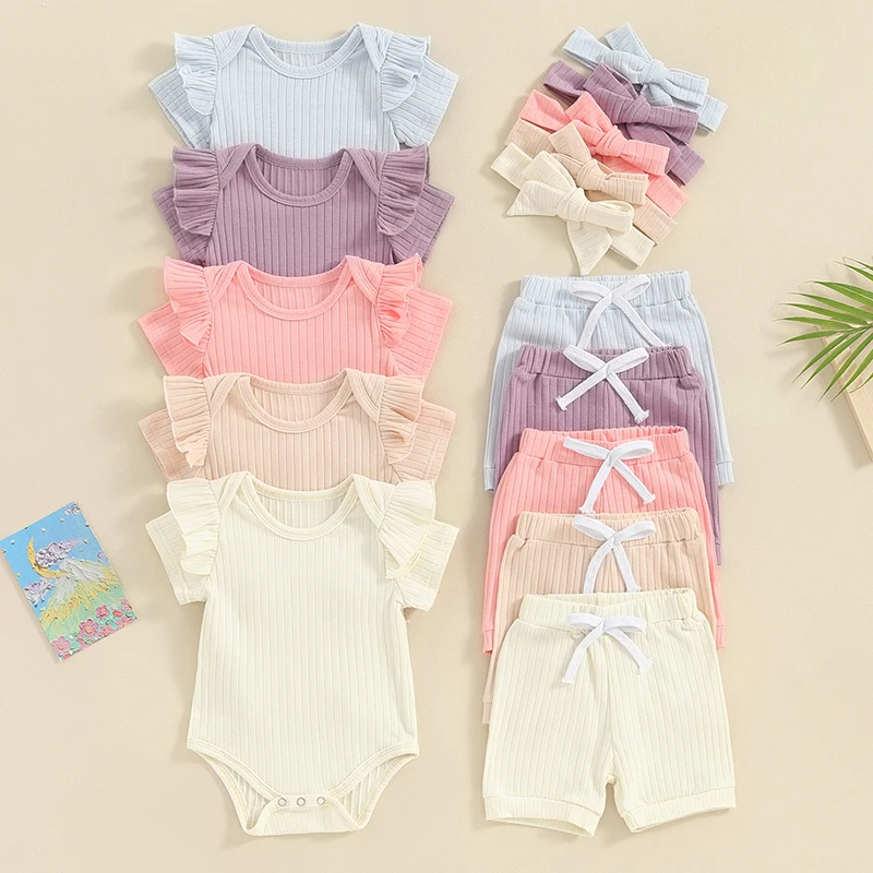 

Newborn Infant Baby Girl Summer Clothes Rib Frill Short Sleeve Romper Shorts Headband 3pcs Outfit Set