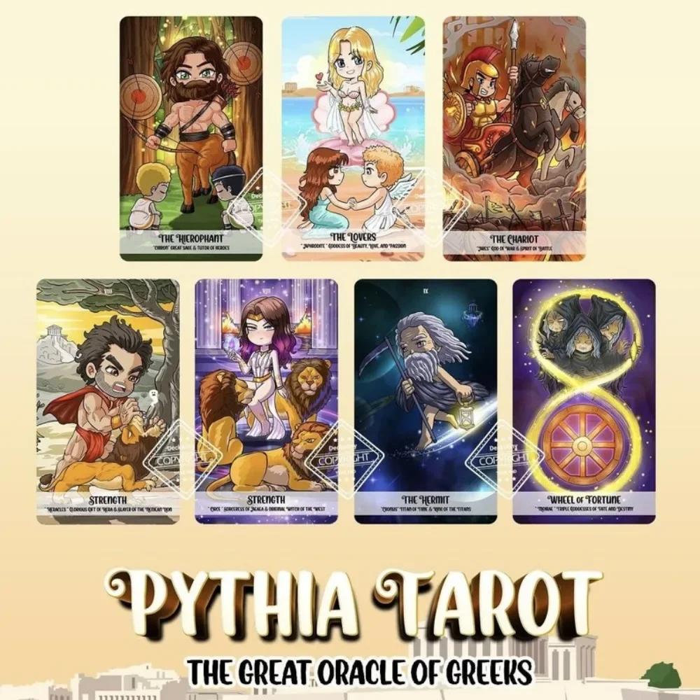 12*7cm Pythia Tarot | Unique Indie Tarot Deck for Beginners | The Greek Gods | Myth Zeus Athena Hecate | Cute Fairytale Cartoon