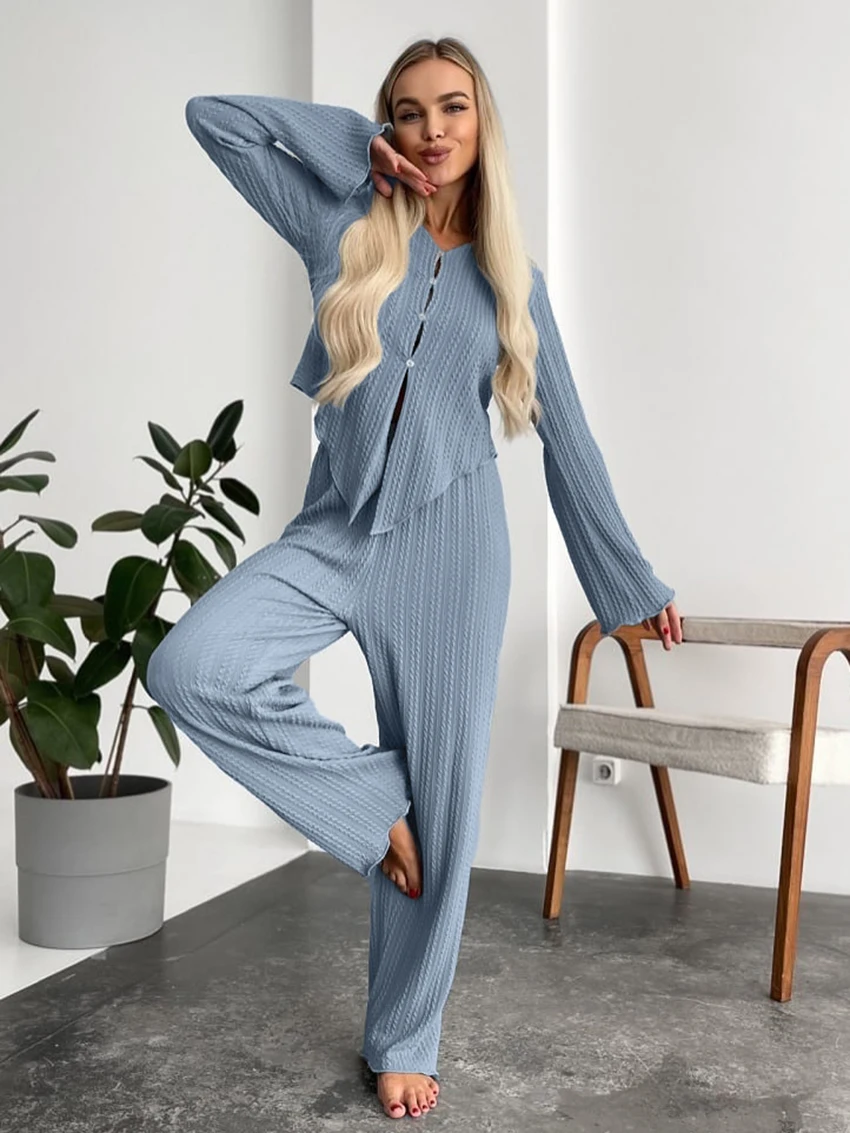 Marthaqiqi Winter Loose Female Nightgown 2 Piece Set V-Neck Sleepwear Long Sleeve Nightwear Pants Blue Casual Home Clothes Women