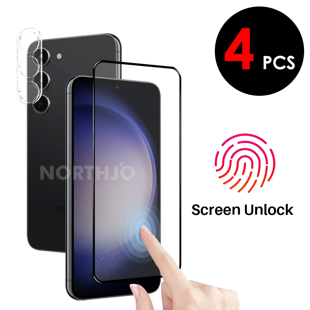 

4 шт. для Samsung Galaxy S23 S23 + Plus 5G 0,18 мм разблокировка отпечатком пальца Закаленное стекло пленка защита экрана полное покрытие объектив камеры