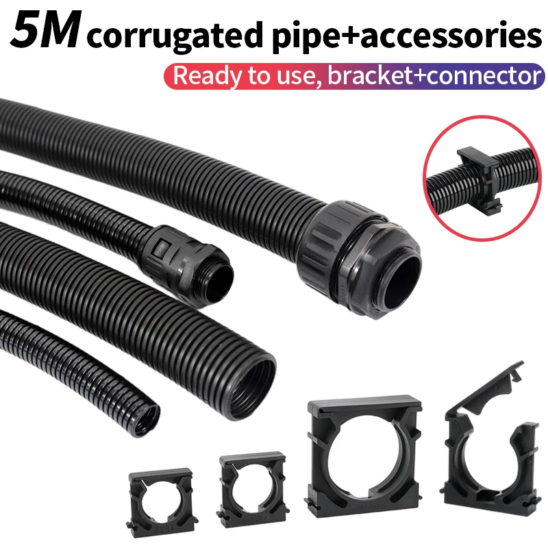 5m AD15.8/18.5/21.2/25/28.5 Corrugated Pipe with Connector fixed bracket Electrical Conduit Fitting Set for Wiring Installation