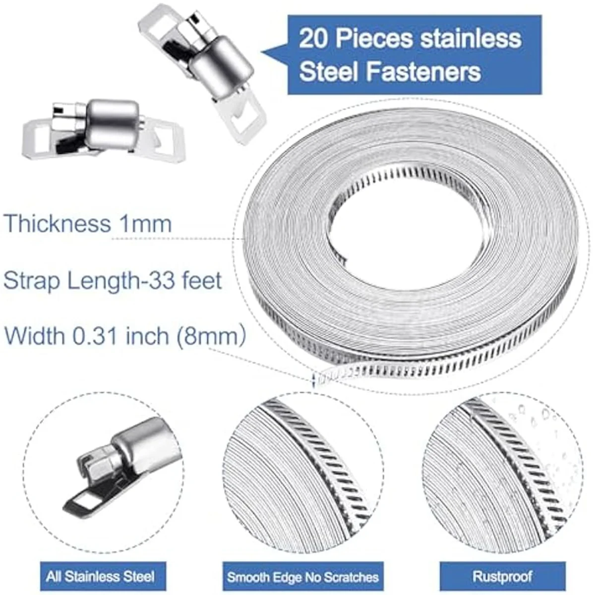 33Ft Stainless Steel Hose Clamp DIY Metal Strap and 20 Pcs Fasteners Adjustable Worm Gear Hose Clamps for Pipe Tube