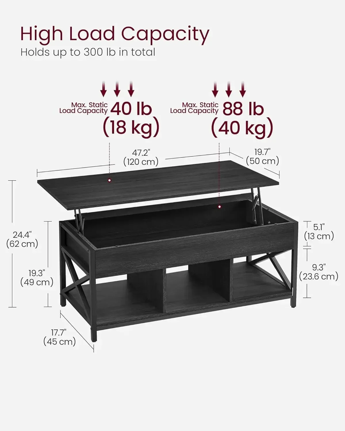 Mesa de centro elevatória, mesa de centro elevatória com prateleira de armazenamento para sala de estar, escritório preto com grão de madeira