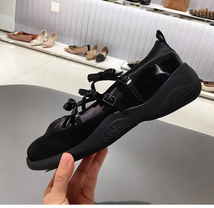 Black Silver Ballet Flats Shoes Woman Platform Mary Jane Platform Bowtie Knot Sport Sneakers Loafers Tenis De Mujer Zapatillas