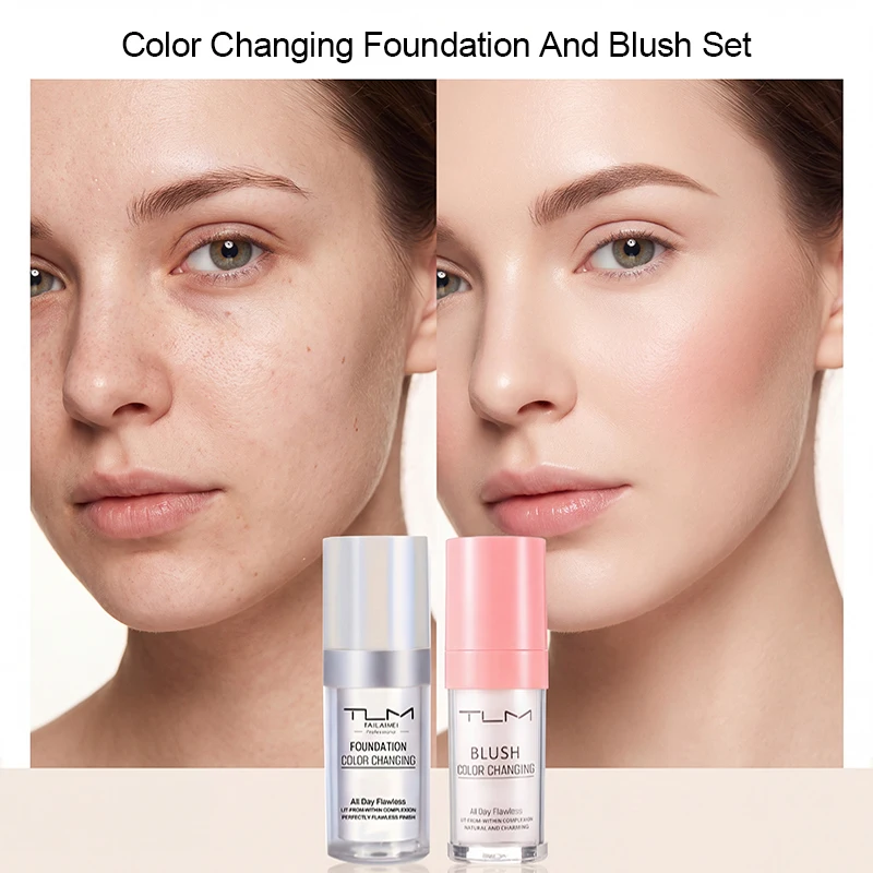 2PCS Color Adjusting Foundation, Blush Liquid Set, CC Cream, Blush Foundation, 2 In 1 Color Changing Foundation, Long Lasting Not Easy To Fade Makeup, Professional Facial Primer Cosmetics