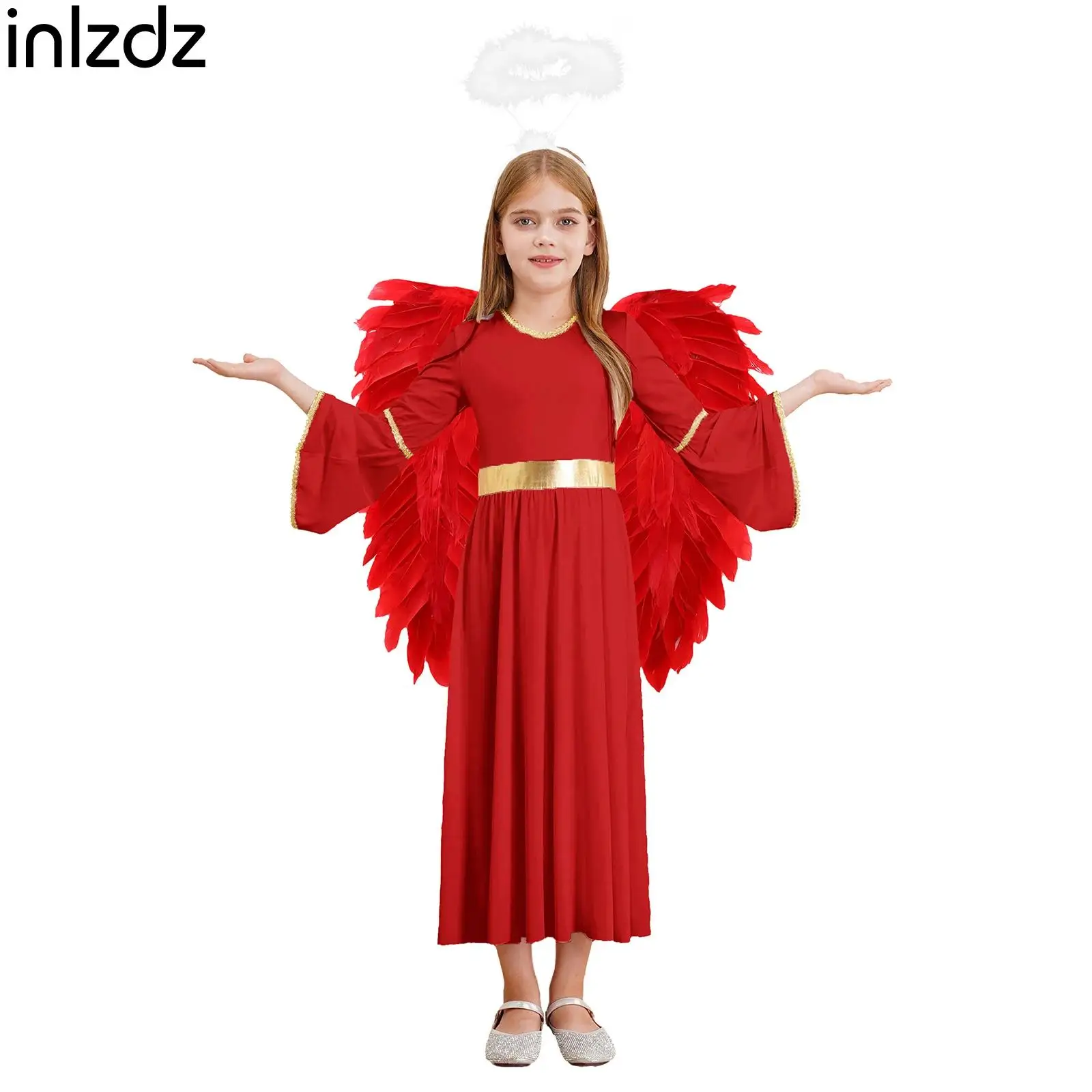 

Angel Costume Girls Angel Dress Cosplay Halloween Performance Dancewear Long Sleeve Dress with Feather Hairband And Wings Sets