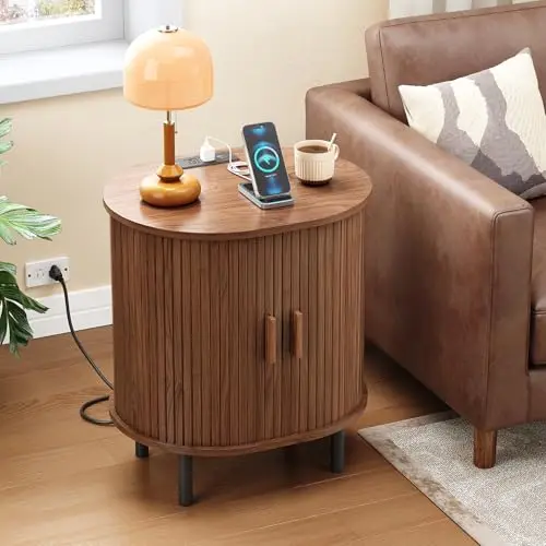 Oval End Table with Storage & Charging Station, Fluted Accent Side Table with Sliding Door & Adjustable Shelf
