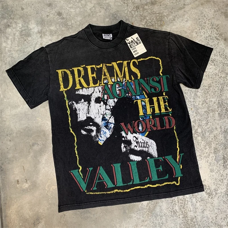 

Oversized VALLEY Tshirts Heavy Fabric Wash Old Retro Print Real Photo Vale Pure Cotton Short Sleeve