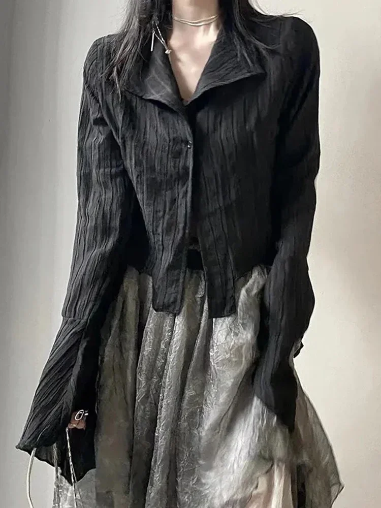 

New Women's Gothic Black Long Sleeved Shirt Korean Fashion Street Wear Y2k Irregular Design Slim Fit Women Shirt Top