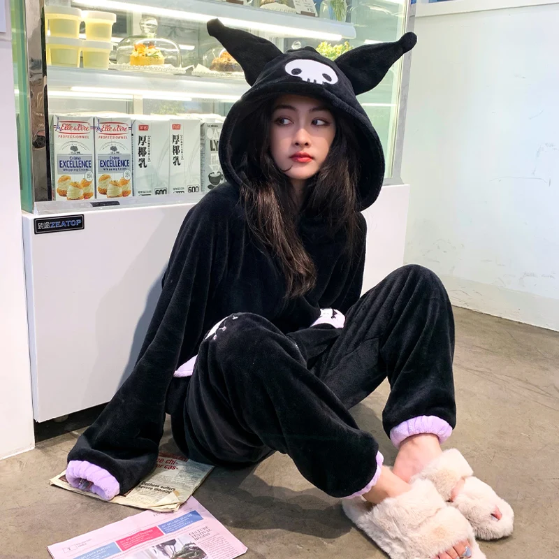 Miniso Halloween Style New Sanrio Kuromi Women\'s Black Homewear Two Piece Set Kawaii\'s Flannel Long Sleeve Pajama Set Gift