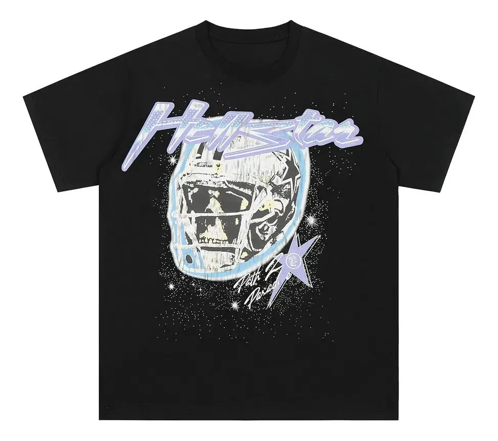 2026 Double Sided Skull Helmet Graphic T-shirt Unisex Star Spray Paint Print Cotton Short Sleeve Y2K Hip Hop Streetwear Tee