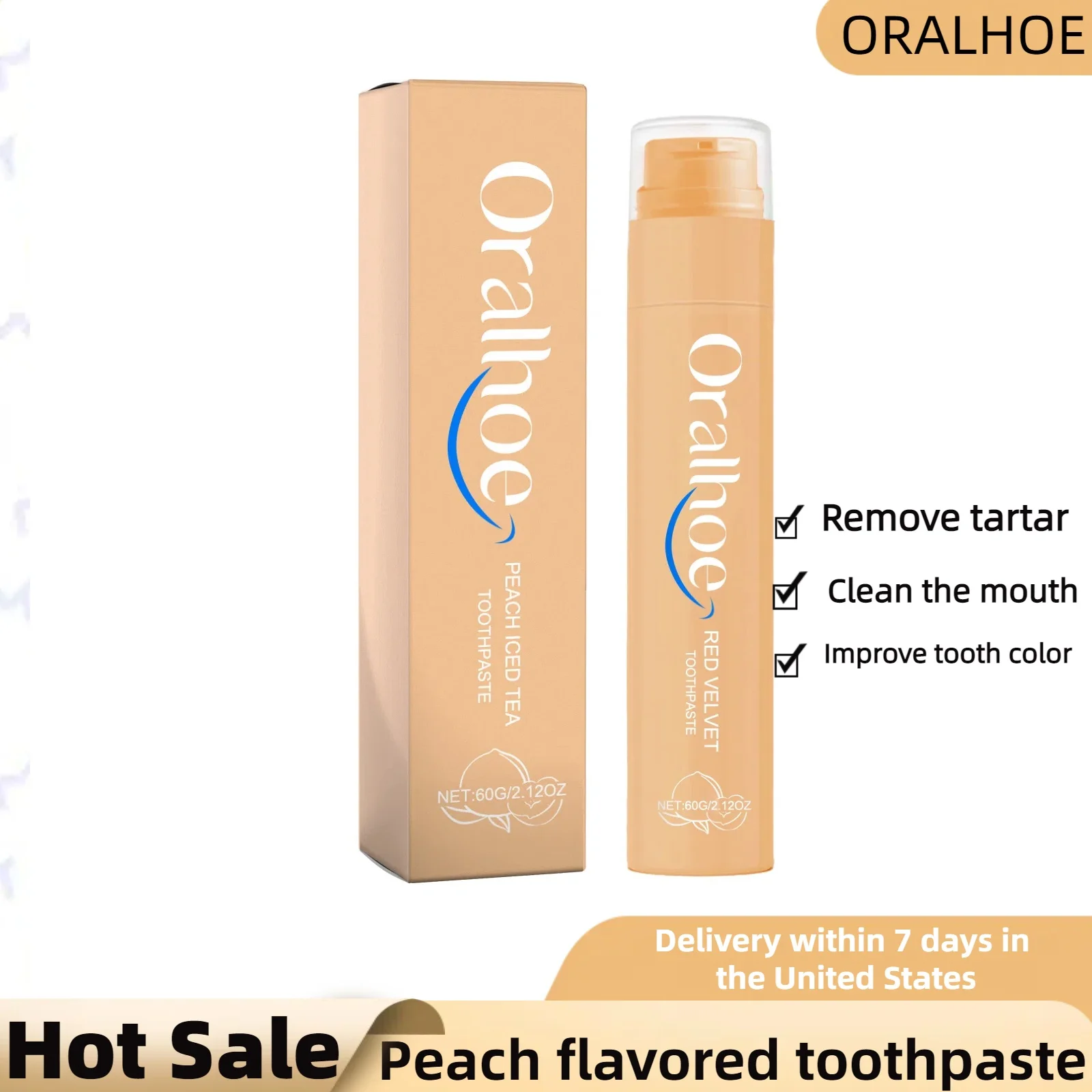 Peach Flavored Toothpaste Effectively Removes Yellow Teeth, Removes Bad Breath and Odor, Cleans Stains and Freshens Breath