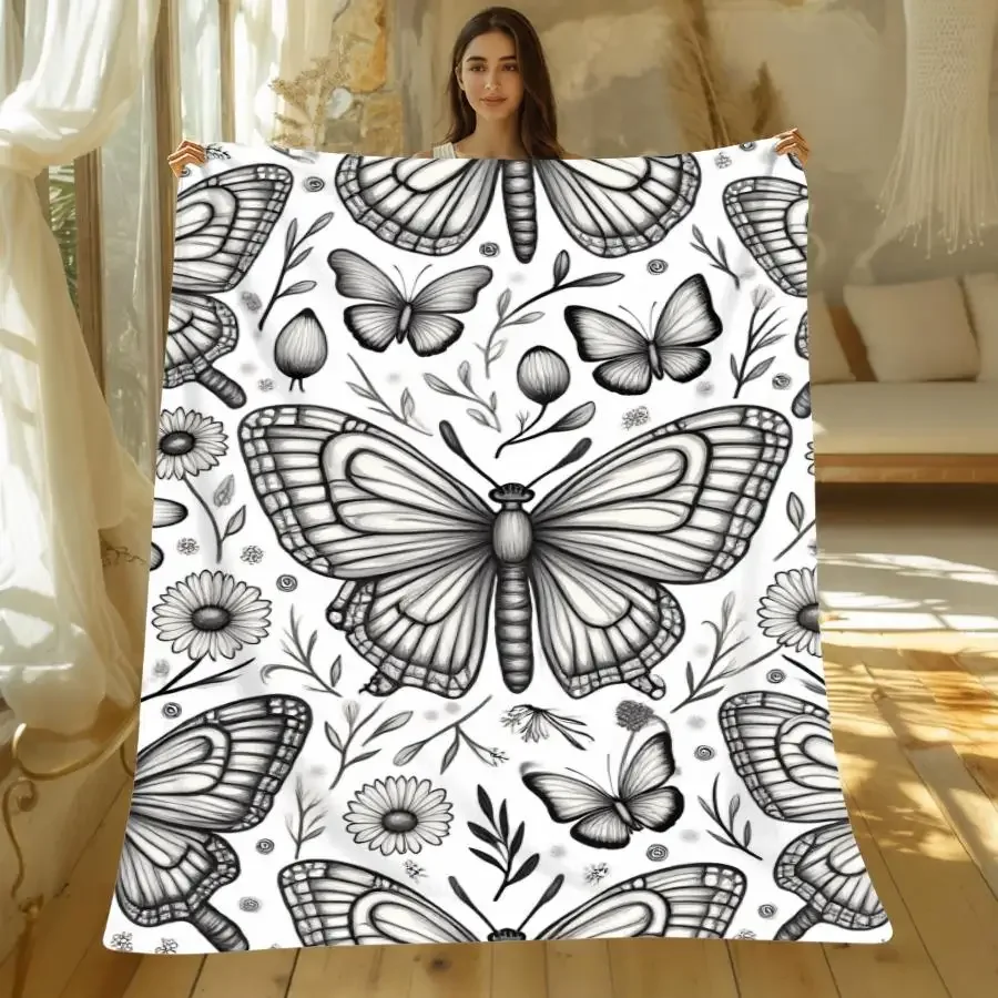 1pc Warm Premium Flannel Blanket with Intricate Black And White Butterfly & Dragonfly Line Art, Decorative Nature-Inspired