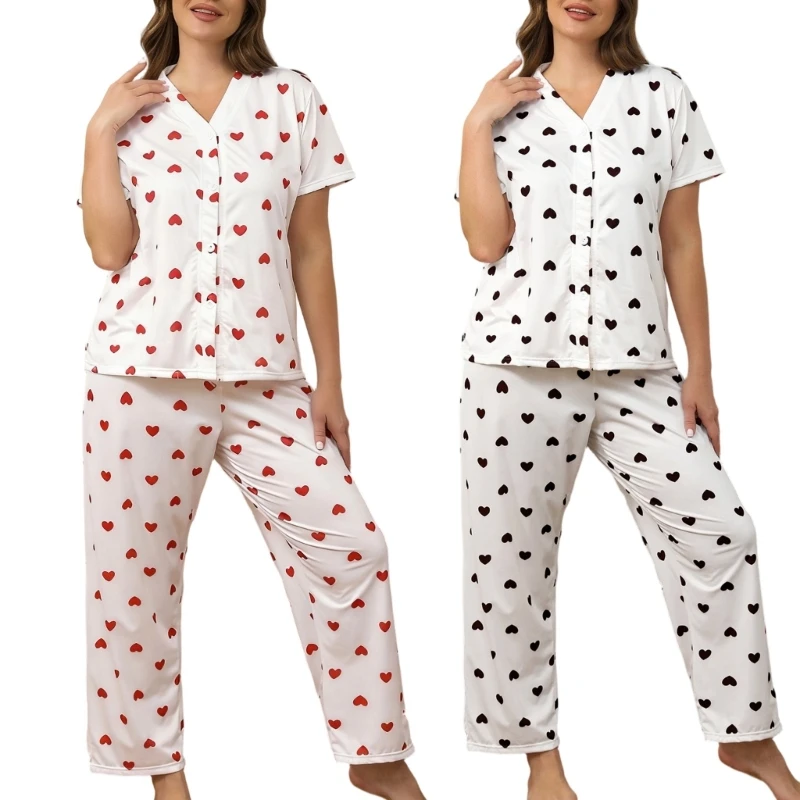 q22d-women's-stretchable-breathable-pajama-set-with-heart-print-short-sleeve-v-neck-loungewear-for-women-comfort-home-wear