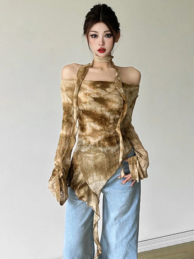 

Subculture Ретро женская футболка French Tie Dye Y2K Уличная одежда Осенние футболки с длинными рукавами с разрезом на шее Нерегулярная лента Лоскутные топы