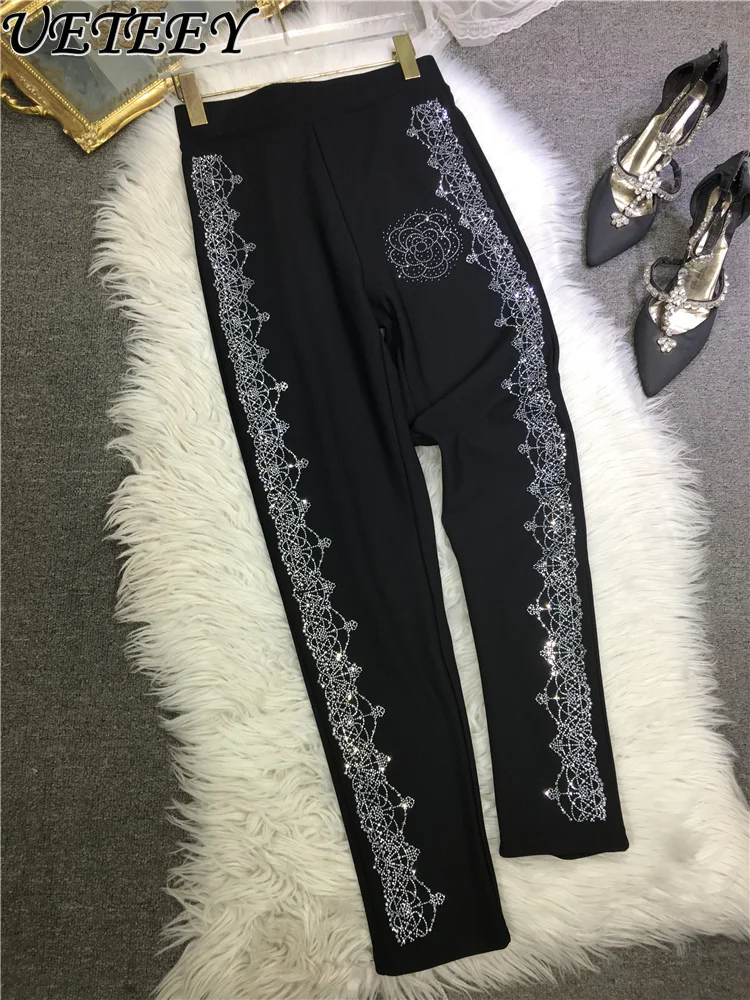 

Heavy Industry Rhinestone Leggings for Women Black Mid-High Waist Slimming Autumn Winter New Versatile Tight-Fitting Pants