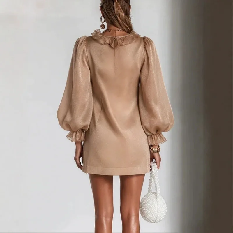 Greenora Elegant V‑Neck Ruffle Trim Mini Dress Women Solid Lantern Long Sleeve Button Fit Dress Party Evening Vacation Casual Sh