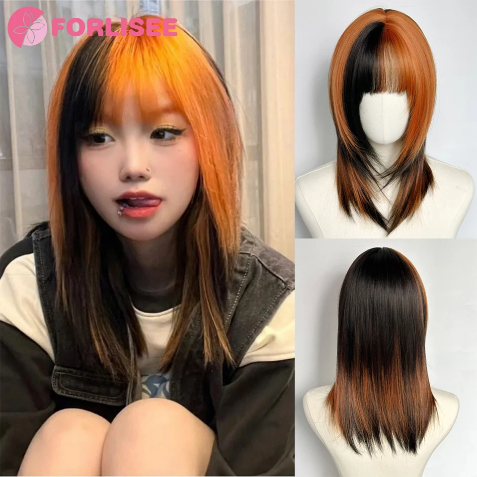 FORLISEE  Synthetic Black Dirty Orange Highlighted Wig Y2K Headgear Women's Top Dye Daily Colored Collarbone Hair