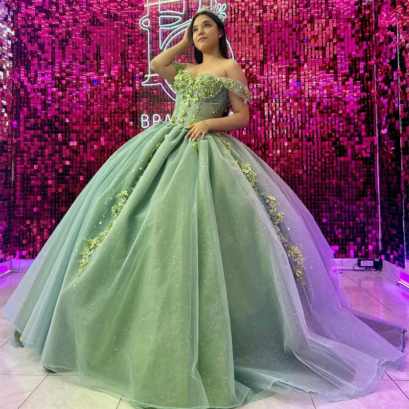 

Luxury Green Quinceanera Dresses Off Shoulder Applique Beads Crystal Corset Ball Gown Birthday Party Dress Prom Vestido De 15 16