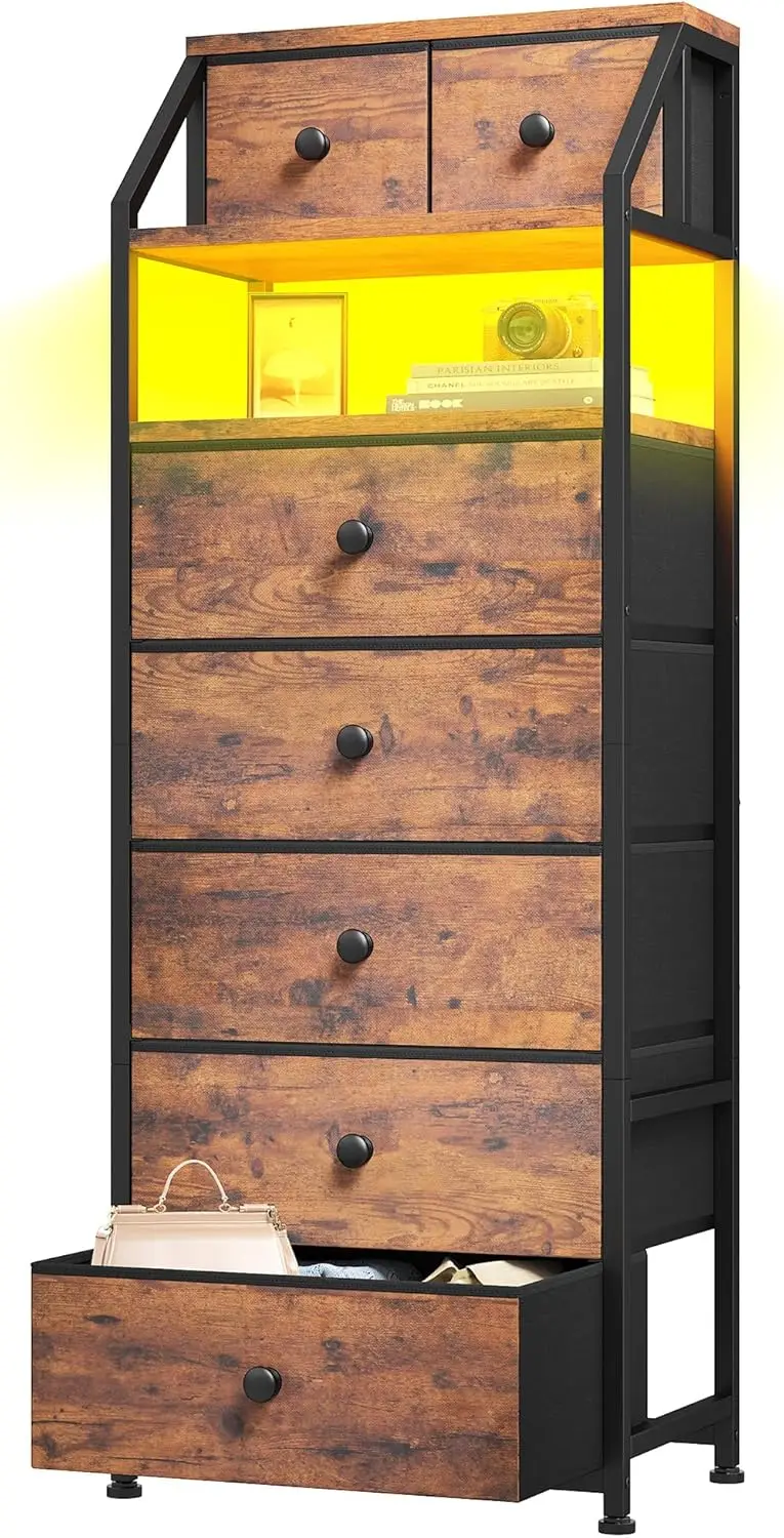 

Прикроватная тумба высотой 51,2 дюйма со светодиодной подсветкой, комод с 7 тканевыми ящиками для спальни, прочные прикроватные тумбы с открытой деревянной полкой