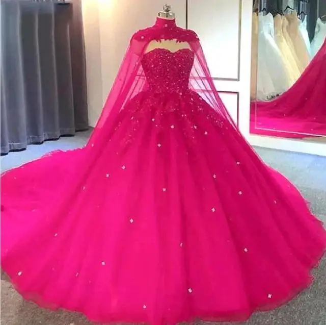 Ball Gown Princess Evening Night Dresses Cape Sweetheart Beaded Lace Tulle Prom Formal Party Gowns Wedding فساتين السه Quinceane