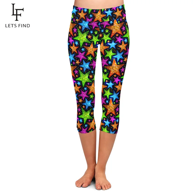 LETSFIND 2020 New Glitter Stars Printing Women Capri Leggings High Elastic High Waist Fitness Slim Mid-Calf Leggings