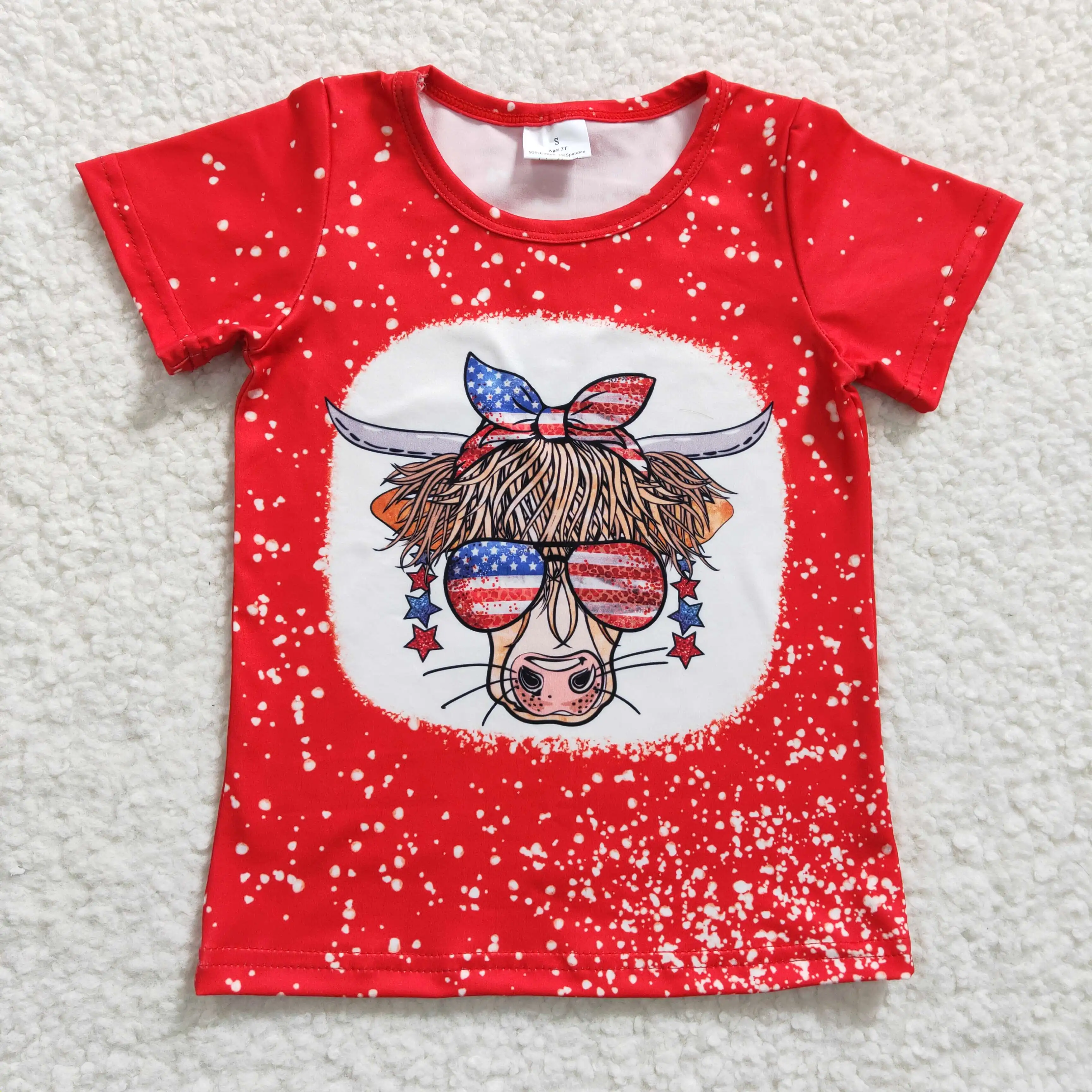 

2​023 New Design RTS NO MOQ Baby Girls Bleached Clothing Children Cow Print Tops Kids Red T Shirts