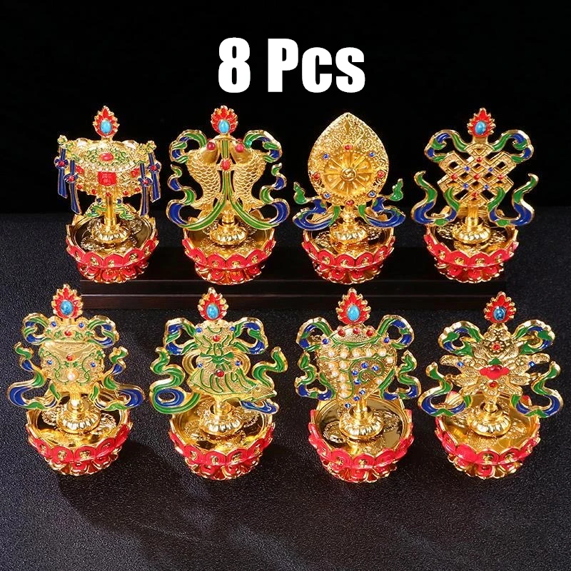 

8Pcs Painted Tibetan Engraved Eight Treasures Auspicious Statue Tantric Alloy Handicraft Buddhism Home Desktop Altars Decorative