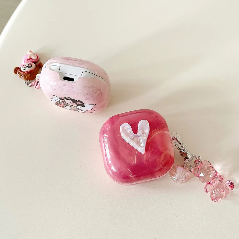 Rose Red Marble Pattern 3D Love Heart Cute Bear Pendant Earphone Accessories Case For Galaxy Buds Pro 2 Live Protection Cover