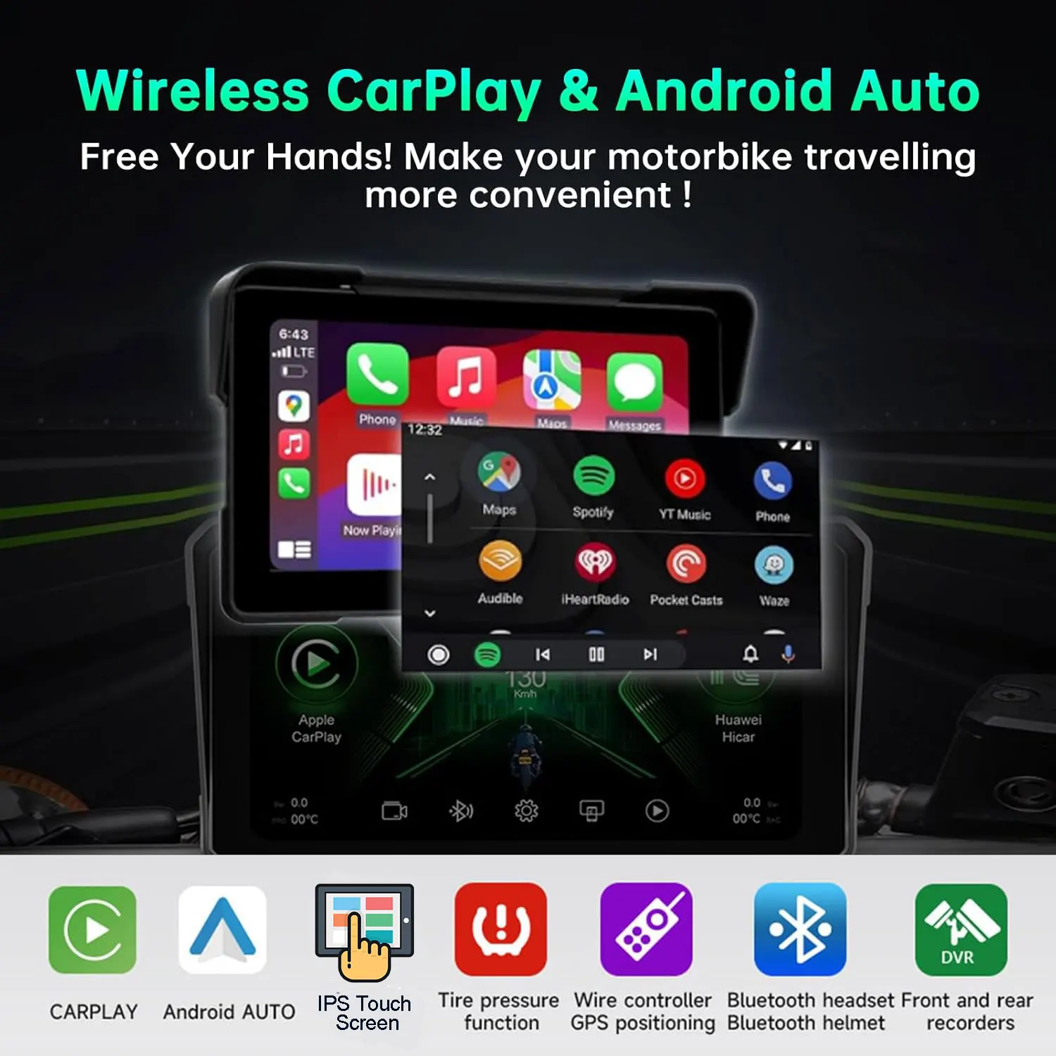 ポータブル6インチバイク用CarPlay Moto Android Autoタッチスクリーン薄型6インチバイク用ワイヤレスIP対応TPMS