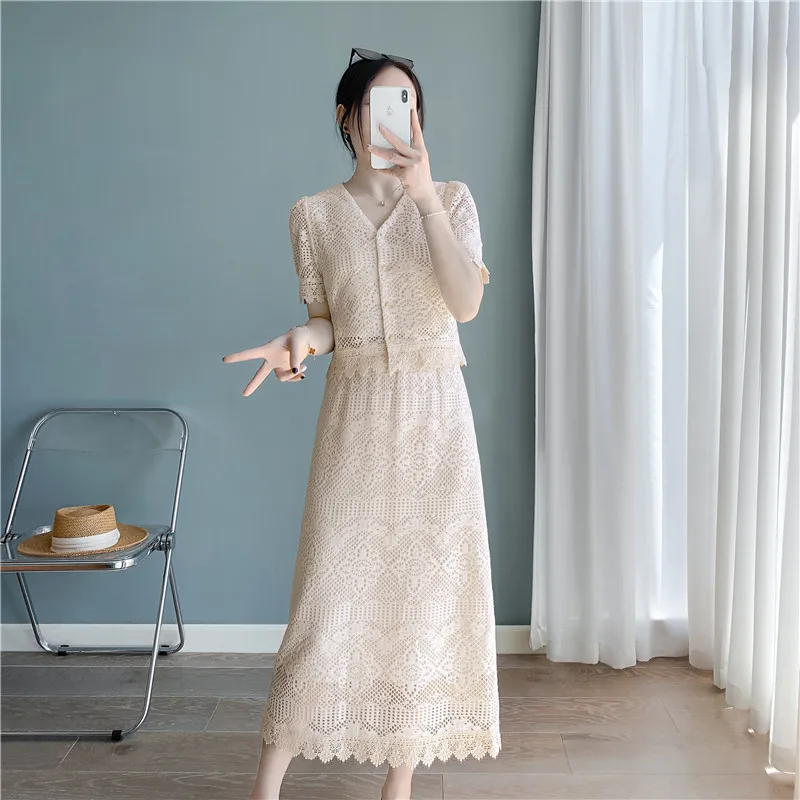 Elegant Women Lace Skirt Sets Patch Floral Print V-Neck One Breasted Tops Shirt+Elastic Waist A-Line Ha;f Skirt 2pcs Female Suit