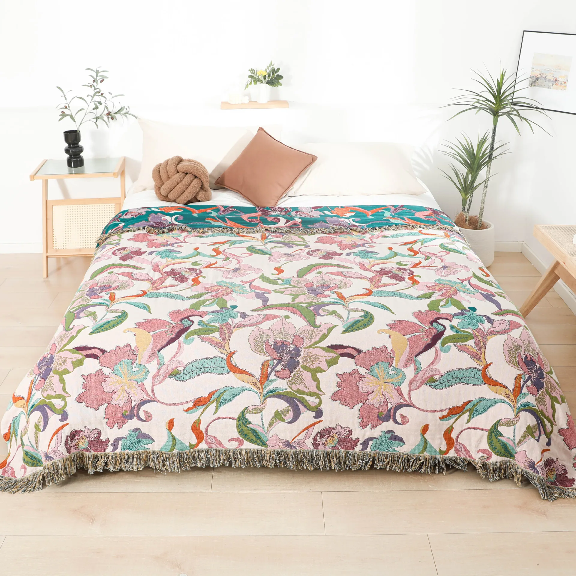 

Floral Throw Blanket, Slipcover, Multifunction, for Sofa Bed, Bedspread, 4-Layer Gauze Cotton, High Quality, 200*230cm
