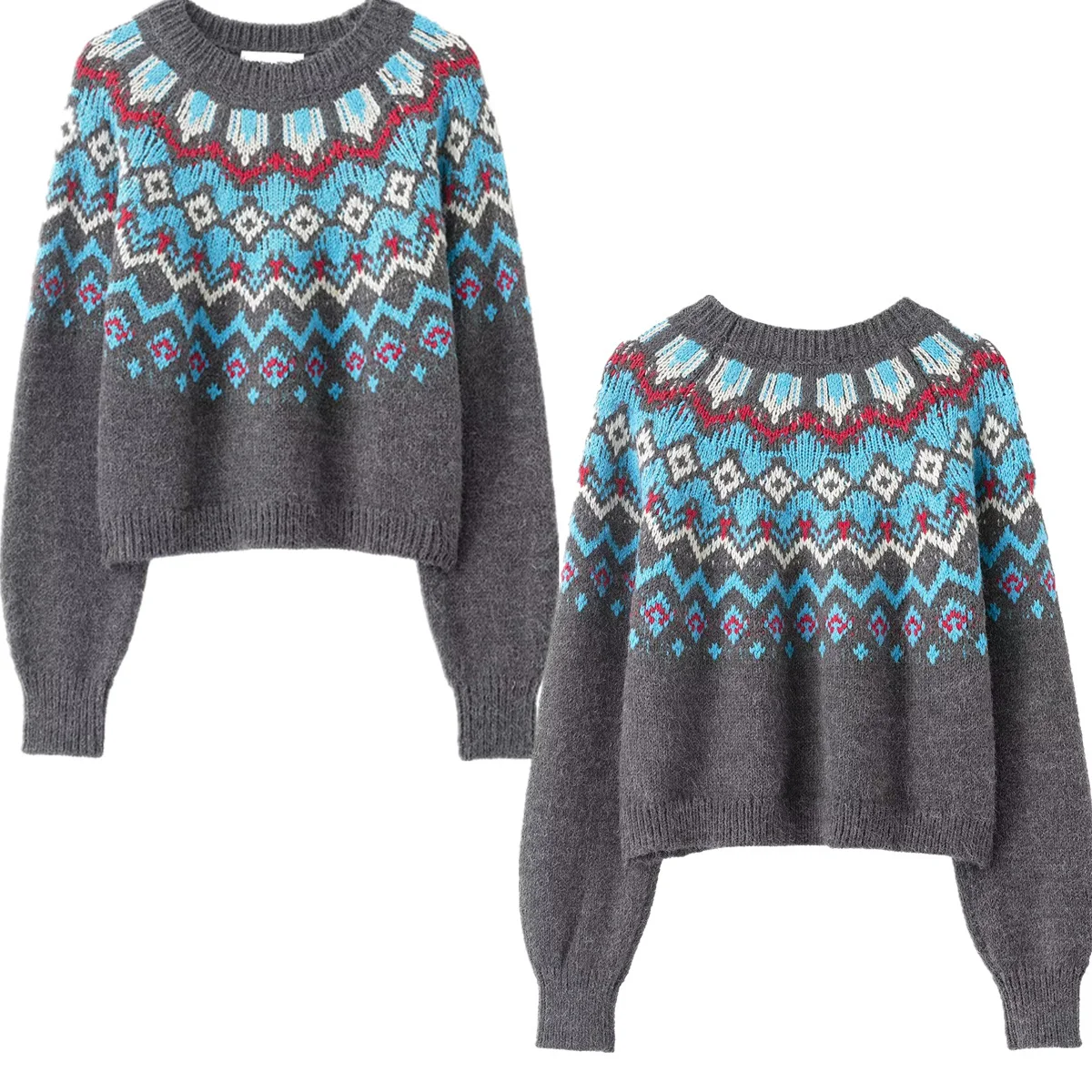 

Jenny&Dave Nordic Winter Geometric Pattern Jacquard Round Neck Sweater Women Vintage Tops Women's Sweater Knitwear Woman Clothin