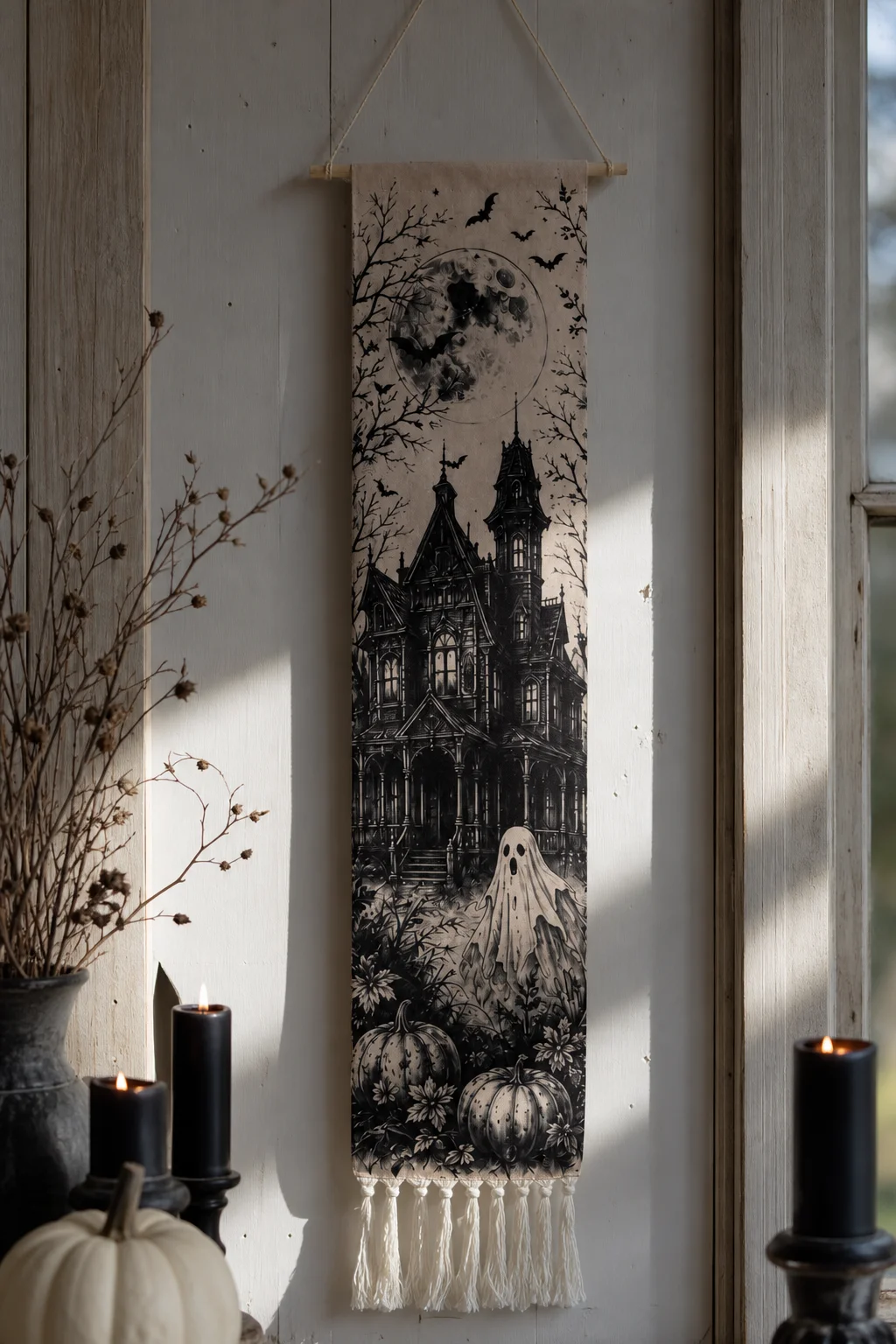 Halloween-Wandteppich mit Quasten, Gotische Hexe, Schwarze Katze, Krähe, Geisterhaus, Totenkopf-Druck, Vintage Grusel-Wandbehang Deko – Detail 12