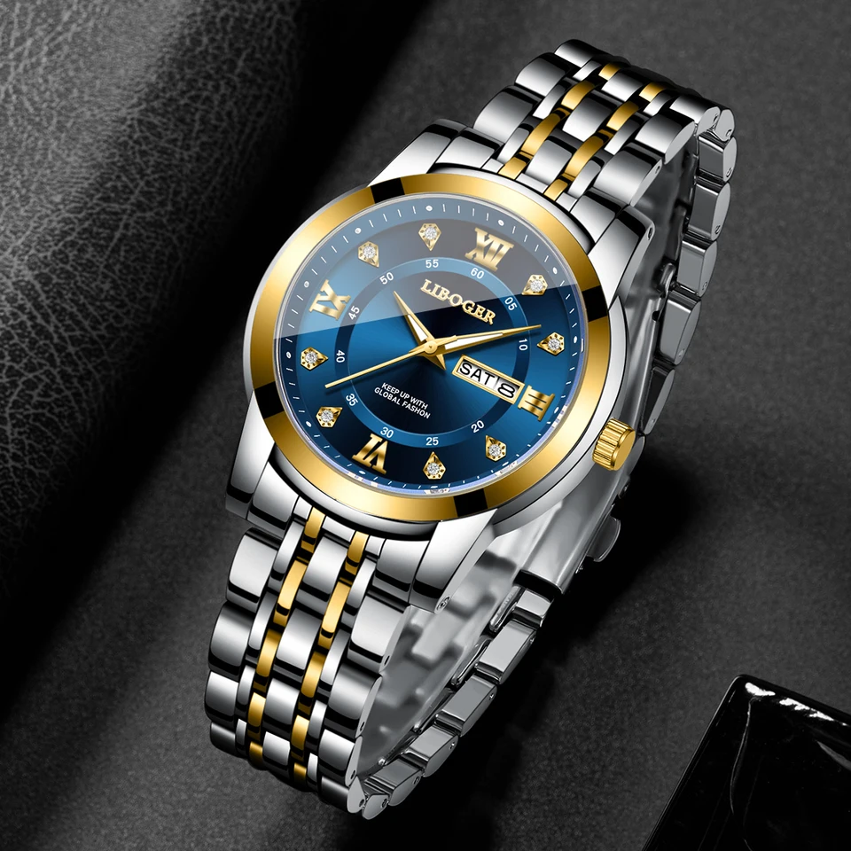 Reloj de lujo de acero inoxidable para hombre, negocios, esfera Roma con pedrería, calendario, cuarzo (sin caja) 5